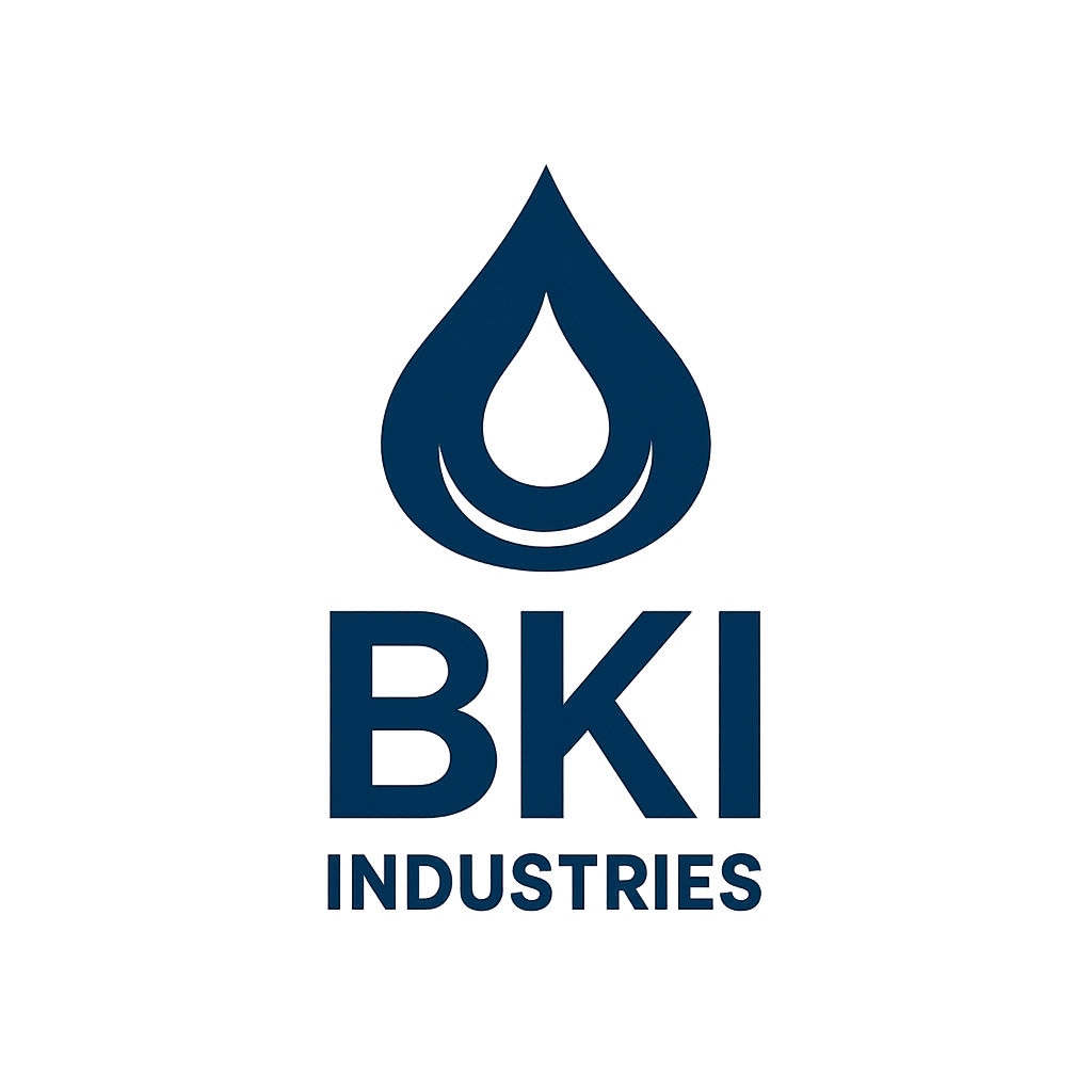 Brand logo for BKI Industries featuring a dark blue water drop emblem above the bold text BKI INDUSTRIES